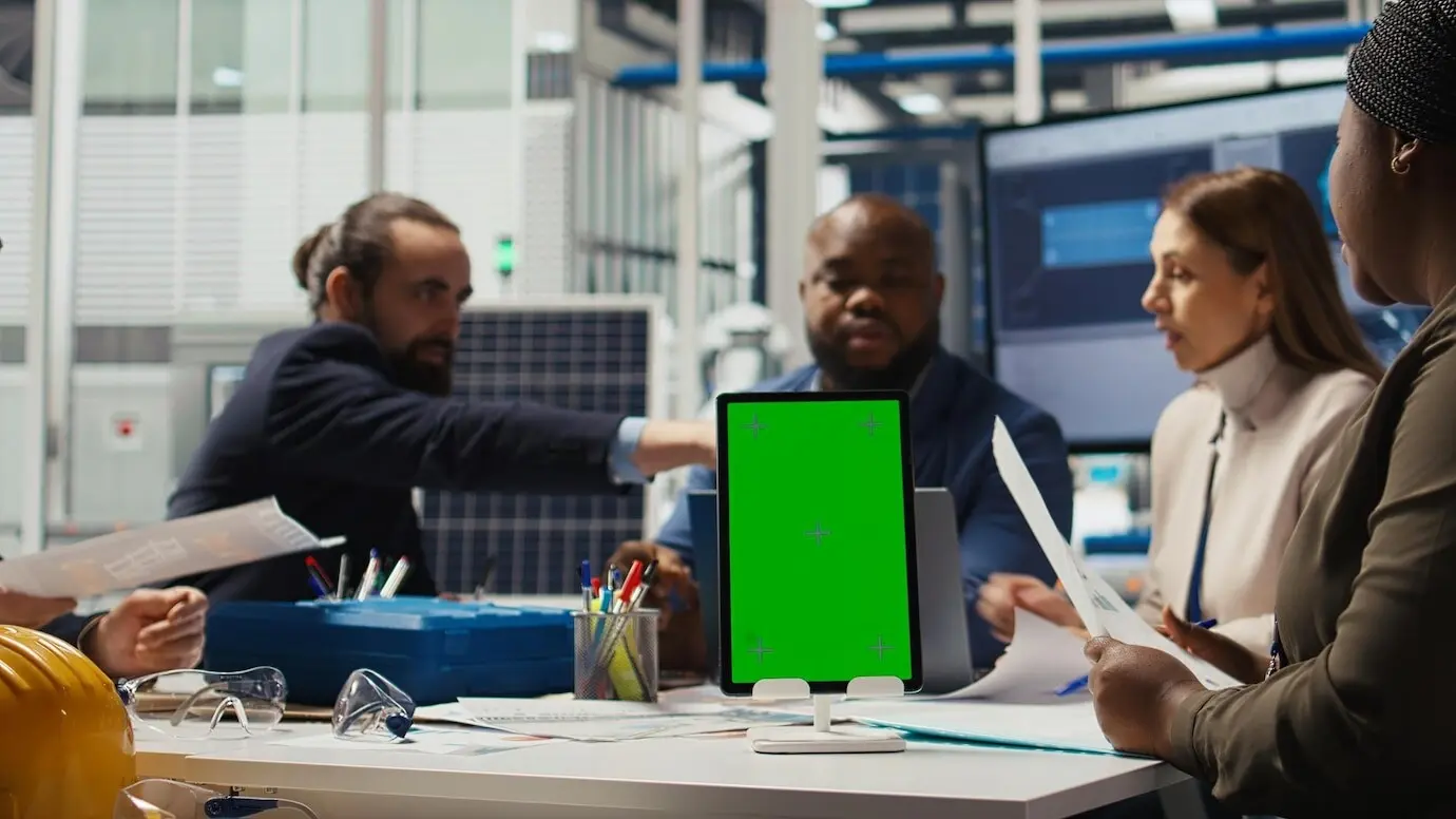 Специалисты фотовольтаического предприятия проектируют прототипы солнечных элементов на макетном устройстве.